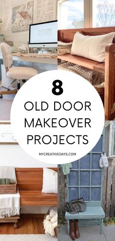 the words 8 old door makeover projects on top of an image of a room