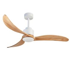 a white ceiling fan with wooden blades on the blade and two light bulbs attached to it