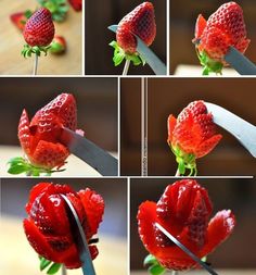 several pictures of strawberries being cut with a knife