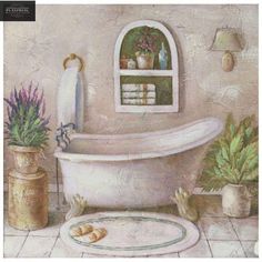 a painting of a bathtub and potted plants