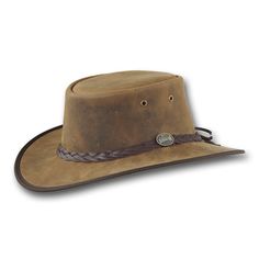 Barmah Hats Foldaway Bronco Leather Hat: - FREE Hat Sizing Kit - FREE Travel Bag - Australian and USA Premium Fullgrain Cattle Leather - Handcrafted in Minnesota, USA - Vintage Oiled / Waxed Finish - Foldable in Supplied Travel Bag - 50+ UV Protection - Lightweight - Wide Brim - Designed to Look Old when New Country Style Felt Hat With Flat Bill For Outdoor, Country Style Wide Brim Top Hat For Outdoor, Classic Brown Top Hat For Country Events, Vintage Curved Brim Hat For Travel, Vintage Brimmed Travel Hat, Rustic Curved Brim Hunting Hat, Classic Adjustable Top Hat For Outdoor, Brown Country Style Felt Hat With Flat Bill, Vintage Wide Brim Travel Hat