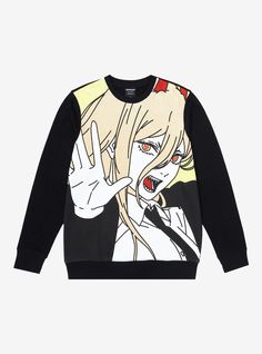 How does it feel to have a sweatshirt featuring a Nobel Prize winner? Power's ready to join up in your anime wardrobe with this Chainsaw Man crewneck sweater  featuring a jumbo print of the Blood Fiend on the front.60% cotton; 40% polyesterWash cold; dry lowImportedListed in men'sunisex sizes Anime Cotton Sweatshirt With Crew Neck, Harajuku Crew Neck Sweater With Cartoon Print, Fall Anime Print Crew Neck Top, Harajuku Style Hoodie With Anime Print And Crew Neck, Anime Cotton Sweatshirt For Fan Merchandise, Character Print Hoodie For Streetwear, Anime Character Print Sweatshirt For Winter, Anime Cotton Sweatshirt For Fans, Black Harajuku Crew Neck Sweatshirt