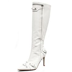 Be The Center Of Attention In These Stylish Pointed Toe Knee High Boots New In Box Faux Leatherette Material Silver Studded Details Stiletto Heels Lightly Padded Insole Pointy Toe Side Zipper For Easy Shoe Removal Heel Height: Approx 4 In. Fitting: True To Size. Regular Fit. White Knee-high Boots For Spring, Elegant White Knee-high Heeled Boots, Elegant White Knee-high Boots, White High Ankle Knee-high Boots For Fall, White Fitted High Heel Boots, Fitted White High Heel Boots, Chic White Knee-high Boots For Fall, Fitted White High Heeled Boots, Chic White Heeled Boots For Party