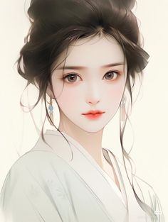 a digital painting of a woman with dark hair and earrings on her head, wearing a white kimono