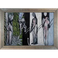 an abstract painting with three figures in different colors