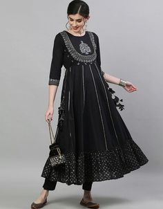 Designer Festive Wear Fancy Anarkali Kurti Processing Time : 10-15 Business Days Work : Embroidery Work Fabric:Top : Cotton Bottom : NA Dupatta : NA Color:Top : Black Bottom : NA Dupatta : NA Black Anarkali, Yoke Design, Cotton Anarkali, Boutique Suits, Anarkali Kurti, Anarkali Kurta, Indian Bridal Outfits, Early Spring Outfits, Cotton Bottoms