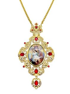 Red Crystals Pectoral Cross Necklace Gold plated Clergy Pectoral Cross with red crystallized glass elements, Jesus with Mary icon, and long chain. Beautiful handcrafted cross on Iron base, plated in gold to ensure durability and prevent corrosion tarnish. Pendant Length (H X W) : 15 cm x 9 cm / 5.9" x 3.5", Chain size: 23" Packed in beautiful gift box with velvet base to provide extra protection. Christian priest bishop Cross can be hanged at home or used at Church. The Cross combined with a lon Golden Chain Necklace, Mary And Baby Jesus, Pectoral Cross, Mary And Jesus, Golden Chain, Holy Mary, Gold Cross Necklace, Baby Jesus, Red Crystals