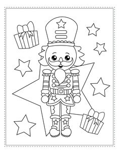 a black and white image of a nutcracker with presents in his hand, surrounded by stars