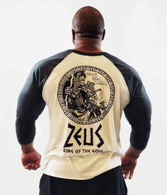 Iron Gods Titan Series Zeus Workout T-Shirt, Black and  White Raglan, pump cover, gym tee Cotton Long Sleeve Gym T-shirt, Cotton Long Sleeve Workout T-shirt, Long Sleeve Cotton T-shirt For Gym, Long Sleeve Cotton T-shirt For Workout, Cotton Gym Tops With Back Print, Zeus Artwork, Epic Artwork, The Greek Gods, New Titan