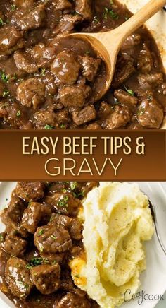 beef and gravy with mashed potatoes on a plate