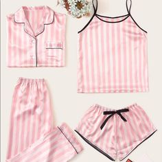 4 Piece Satin Pink And White Striped Pajama Set Pink Home Sets For Summer, Pijamas Women, Silk Pjs, Pajama Outfit, Pyjama Satin, Cute Pjs, Cute Sleepwear, Cute Pajama Sets, Victoria Secret Pajamas