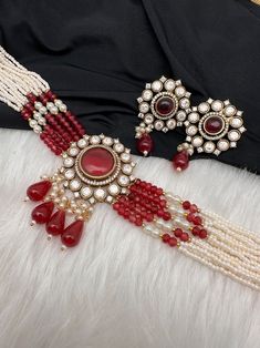 Red Beads Pearls Moissanite Choker Indian Choker Pakistani Jewelry - Etsy Festive Red Jewelry Sets With Polished Beads, Festive Red Polished Bead Jewelry Sets, Red Kundan Necklace With Round Beads For Party, Festive Red Bridal Necklace With Round Beads, Red Kundan Jewelry With Round Beads, Festive Red Beaded Jewelry Set, Red Kundan Necklace With Round Beads For Celebration, Red Beaded Kundan Necklace For Wedding, Red Beaded Kundan Necklace For Gift