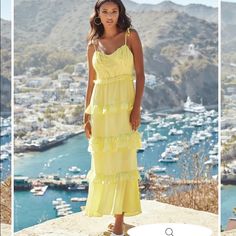 Limoncello Ruffle Tiered Maxi Dress! This Bright Yellow Ruffle Tiered Maxi Is Detailed With Adjustable Tie Straps. Designed With A Cascading Tier Skirt. Size Xl. Length 51.5 From Shoulder To Hem With 40” Bust And 32” Waist. Relaxed Fit Shell 97% Polyester And 3% Spandex And Lining 100% Polyester Hand Wash Cold, Dry Flat Maxi Length V-Neckline Ruffle Tiered Body Upper Back Elastic Band Elastic Waistband Crepey Fabrication Adjustable Shoulder Tie Closure Fully Lined Flowy Ruffled Maxi Dress For Daytime, Flowy Maxi Dress With Ruffles For Daytime, Chic Ruffled Maxi Dress For Daytime, Chic Daytime Maxi Dress With Ruffles, Summer Maxi Dress With Ruffles For Day, Fitted Ruffle Maxi Dress For Daytime, White Puff Sleeve Dress, Pink And Blue Dress, Paradise Dress