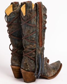 Corral Women's Braided Overlay and Studs Western Boots, Blue Bohemian Leather Boots With Fringe, Leather Fringe Boots For Rodeo, Leather Fringe Boots For Fall, Brown Western Boots With Tassels, Bohemian Leather Boots For Rodeo, Fall Fringe Boots With Snip Toe, Leather Bohemian Boots For Rodeo, Brown Leather Fringe Boots, Bohemian Leather Moto Boots Snip Toe