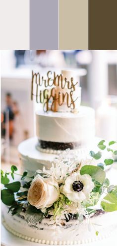 a wedding cake with flowers and greenery on top