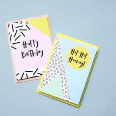 two greeting cards with happy birthday written on them