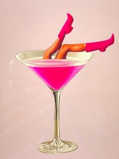 a painting of a woman laying on her back in a martini glass with pink liquid