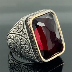 Ruby Stone Ring , Man Handmade Silver Ring , Ruby Red Stone Ring , Engraved Silver Ring , Ottoman Style Ring , 925k Sterling Silver Ring ★Item Details * Gender : Male / Female * Material : 925K Sterling Silver * Total weight : 15 Grams * Gemstone : Ruby Stone ✔ Ready to Ship in 1-2 Business Days .. ✔ Shipped to the Worldwide 1-5 business days with free shipping... ✔ The product will be sent to you with a handmade wooden box to avoid any damage during shipping... ✔ Visit our store, browse other M Formal Red Engraved Ring With Polished Finish, Red Engraved Signet Ring For Formal Occasion, Luxury Engraved Ruby Ring As Gift, Luxury Engraved Ruby Ring Gift, Formal Red Engraved Signet Ring, Collectible Red Engraved Ring, Red Engraved Ring For Formal, Red Engraved Ring For Formal Occasions, Red Hallmarked Engraved Ring For Formal Occasions