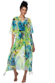 Pool to Party Kaftan One Size / Lime / 100% Soft Polyester Luminous Blooms Poolside Maxi Dress in Lime Spring Poolside Cover-up With Drawstring, V-neck Beach Cover-up Dress With Tie Waist, Green V-neck Maxi Dress With Tie Waist, V-neck Beach Dress With Tie Waist For Vacation, V-neck Maxi Dress For Beach Cover-up During Resort Season, Spring Maxi Length Cover-up For Daywear, Spring Daywear Maxi Length Cover-up, Spring Daywear Maxi-length Cover-up, Beach Season V-neck Tie Waist Maxi Dress