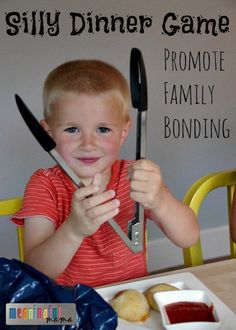 a young boy is holding two knives in front of his face with the words silly dinner game on it