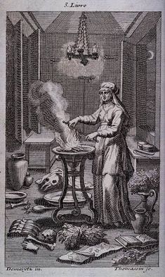 an old engraving shows a woman preparing food