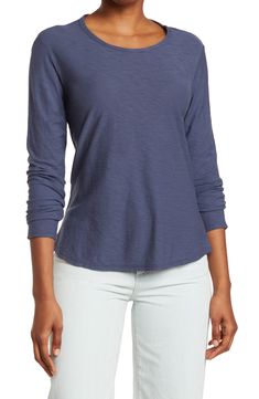 Slip into this classic crew neck long sleeve shirt when lounging at home or when out and about for a casual, comfy look. 25" length (size 1) Crew neck Long sleeves Slips on over head 51% cotton, 49% modal Machine wash cold Imported Classic Crew Neck Pima Cotton Top, Pre-washed Cotton Long Sleeve Tops, Classic Everyday Pima Cotton T-shirt, Pima Cotton Crew Neck T-shirt, Navy Relaxed Fit Long Sleeve T-shirt, Sea Captain, Out And About, Sleeve Cotton, Long Sleeve Shirt