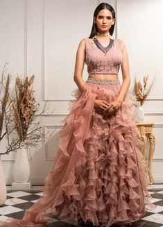 Ruffle Lehenga Skirt, Dusty Pink Skirt, Ruffle Lehenga, Pink Skirt Set, Bridal Closet, Lehenga Blouse Designs, Satin Hands, Pleated Tops, Georgette Blouse