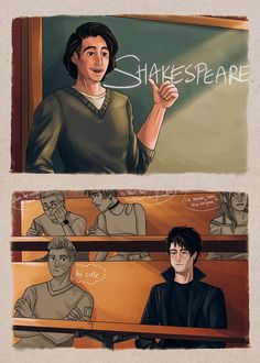 two comics depicting people in front of a chalkboard with the words shakespeare written on it