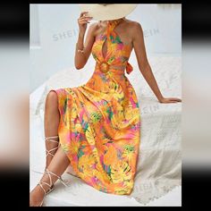 New In Bag Shein Vcay Tropical Print Ring Linked Cut Out Tie Backless Halter Neck Dress Size Medium. Yellow Backless Summer Dress, Chic Yellow Dress For Beach Party, Yellow Maxi Dress For Beach Party, Yellow Halter Neck Maxi Dress For Summer, Yellow Halter Neck Maxi Dress For Spring, Yellow Beachwear Maxi Dress For Beach Party, Yellow Backless Maxi Dress For Spring, Chic Yellow Halter Neck Maxi Dress, Yellow Tropical Print Beachwear Dress