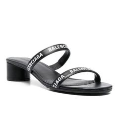 Final Price No Offer Balenciaga '45mm' Logo-Print Double-Strap Sandals Made In Italy Highlights Black/ White Leather Logo Print To The Front Double-Strap Design Open Toe Backless 45mm Block Heel Sole: Rubber 100%, Calf Leather 100% Lining: Calf Leather 100% Outer: Calf Leather 100% Double Strap Sandals, Balenciaga Logo, Balenciaga Black, Balenciaga Shoes, Strap Design, Leather Logo, Printed Leather, Strap Sandals, Black Sandals