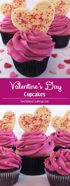 valentine's day cupcakes with pink frosting and hearts