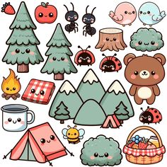 various cartoon animals and trees with camping items on the bottom right hand corner, including an umbrella