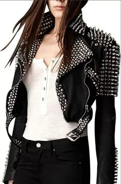 Punk Gothic Spiked Leather Biker Jacket for Women – Boho Living Room Spiked Leather Jacket, Studded Leather Jacket, Stud Fashion, Black Leather Biker Jacket, Studded Jacket, Cropped Leather Jacket, Studded Leather, Black Leather Jacket, Leather Jackets Women