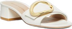 Elegant Sandals With Gold Buckle For Spring, Elegant Evening Slides, Elegant Formal Flat Slides, Elegant Gold Leather Slides, Elegant Summer Sandals With Gold Buckle, Elegant Flat Slides For Formal Occasions, Chic Formal Sandals With Gold Buckle, Elegant Sandals With Gold Buckle For Summer, Elegant Gold Flat Slides