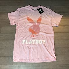 Nwt Pink Playboy T-Shirt Size Medium Casual Tan T-shirt With Screen Print, Tan T-shirt For Spring Streetwear, Sporty Tan T-shirt For Spring, Pink Playboy, Playboy Logo, Acid Wash Shorts, Bunny Logo, Orange Logo, Playboy Bunny