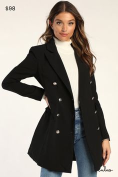 Elevate your wardrobe with the Lulus Captain's Blog Black Double-Breasted Coatâ€”an essential for the contemporary trendsetter! Crafted from luxurious woven fabric, this military-inspired coat boasts notched lapels, subtly padded shoulders, and sleek long sleeves with button cuffs. Long, double-breasted silhouette exudes sophistication, adorned with engraved gold buttons and chic flap pockets, as well as a hidden internal button closure. It doesn't stop thereâ€”this versatile coat isn't just out Chic Blazer, Military Coat, Double Breasted Coat, Military Inspired, Blazer Dress, Gold Buttons, Trend Setter, Double Breasted, Woven Fabric