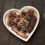 a heart shaped dish filled with pine cones and cinnamon sticks