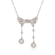 Ross-Simons - C. 1925 Vintage .80ct t. w. Diamond Bow Necklace in Platinum. 17". C. 1925. You'll be best-dressed when you arrive wearing this fantastic Art Deco-era find! Our exceptional Estate collection necklace presents a darling bow adorned by .80 ct. t. w. round rose-cut and brilliant-cut diamonds. Masterfully crafted in polished platinum with intricate details and pretty flower charms dangling below. Fancy chain. Springring clasp, diamond bow necklace. Exclusive, one-of-a-kind Estate Jewel Diamond Bows, Diamond Birthstone, Diamond Jewelry Necklace, Bow Necklace, Fine Jewelery, Pretty Flower, Art Deco Era, Jewelry Diamond, Fantastic Art