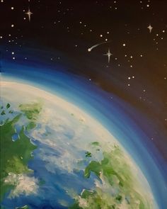 a painting of the earth as seen from space with stars in the sky above it