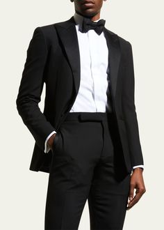 "Find RALPH LAUREN Gregory Wool Barathea Peak Tuxedo on Editorialist. Ralph Lauren \"Gregory\" twopiece formal tuxedo. Approx. measurements: 30\" length, from shoulder to hem; rise, 11\"; inseam, 35\". Peak lapel; onebutton front. Basted sleeves. Side welt pockets; chest welt pocket. Flatfront trousers. Side adjusters for perfect fit. Belt loops included. Super 130's Barathea wool. Made in Italy." Lauren Gregory, Purple Tuxedo, Ralph Lauren Purple Label Men, Ralph Lauren Suits, Formal Tuxedo, Nye Wedding, Black Tuxedo, Peak Lapel, Tuxedo For Men