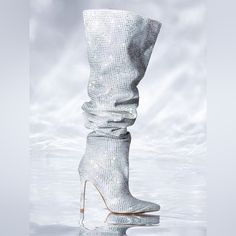 Bella Bling Stiletto Boot In Silver- Size 9 Bring On The Bling! The Bella Bling Stiletto Boot In Silver Is An Ultra-Glam Rhinestone-Embellished Boot Features A Faux Suede Upper, A Pointed Toe Silhouette, A Thigh High Shaft, A Sculpted Stiletto Heel, And A Pull On Fit. Can Be Worn Scrunched Down For A Fresh Take On This Season’s Hottest Boot Trend! Fit And Details (Approx, Measured From Women’s 7.5) -All Man Made Materials -Slip On Fit -4.25” Heel Height, 23” Shaft Height -Pointed Toe, Stiletto H Rhinestone Fishnets, Rhinestone Top, Hot Boots, Azalea Wang, Trending Boots, Plus Dresses, Clothing Size Chart, Thigh High Boots, Thigh High