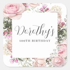 a square birthday card with pink roses and greenery