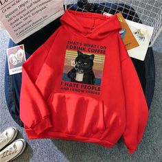 Size Chart (CM/INCH): *Size base on Japanese fit. For US,EU and AUS customer, please select 2 size bigger for accurate sizing. Pew Pew Madafakas, Funny Women, Cat Hoodie, Pew Pew, Cat Coffee, Women Humor, Animal Fashion, Red Hoodie, Pullover Men