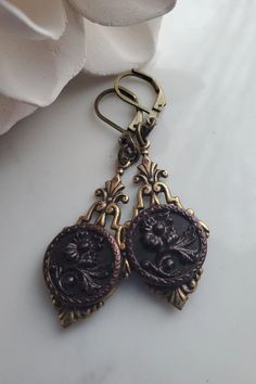 Antique Button Earrings Victorian Jewelry Vintage Jewelry - Etsy Vintage Flower Charm Dangle Earrings, Vintage Dangle Earrings With Flower Charm, Vintage Gold Earrings With Flower Charm, Vintage Drop Earrings With Flower Charm, Vintage Metal Flower Earrings For Pierced Ears, Vintage Nickel Free Metal Flower Earrings, Vintage Nickel-free Metal Flower Earrings, Vintage Metal Flower Earrings For Gift, Vintage Brass Flower Earrings For Gift