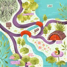 an illustrated map with lots of different things in the water and plants on it, including flowers