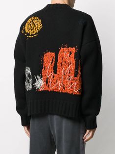 Palm Angels New Folk Embroidered Jumper - Farfetch Black Crew Neck Cardigan For Streetwear, Embroidered Crew Neck Cardigan For Fall, Black Embroidered Long Sleeve Sweater, Black Long Sleeve Embroidered Sweater, Black Wool Crew Neck Cardigan, Black Wool Sweater With Ribbed Cuffs, Black Long Sleeve Sweater With Embroidered Logo, Black Wool Crew Neck Sweatshirt, Black Wool Sweater For Streetwear