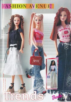 two barbie dolls are posed next to each other, one is holding a purse and the other has a handbag