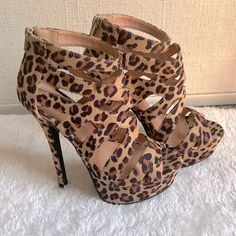 Cathy Jean Leopard Print 6in Heels In Size 6. New, Never Worn Brown Platform High Heels, Brown Platform Heels For Night Out, Brown Platform Heels For A Night Out, Brown Open Heel Shoes For Night Out, Leopard Print Platform High Heels, Leopard Print High Heels For Night Out, Leopard Print Closed Toe Heels With 4-inch Heel, Jean Heels, Jean Shoes