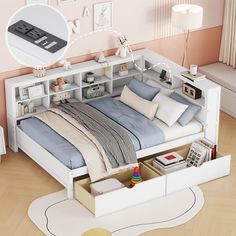 a bed with drawers underneath it in a room