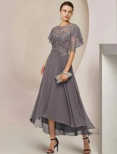 A-Line Mother of the Bride Dress Formal Wedding Guest Elegant Scoop Neck Asymmetrical Tea Length Chiffon Lace Half Sleeve with Beading Appliques Elegant Chiffon Mother Of The Bride Dress For Banquet, Embellished Floor-length Chiffon Dress For Banquet, Elegant Embellished Chiffon Mother Of The Bride Dress, Formal Embellished Chiffon Dress, Elegant Georgette Mother Of The Bride Dress For Party, Elegant Georgette Mother Of The Bride Dress, Elegant Floor-length Chiffon Dress For Mother Of The Bride, Elegant Embellished Chiffon Wedding Dress, Wedding Dress With Sweep Train In Georgette